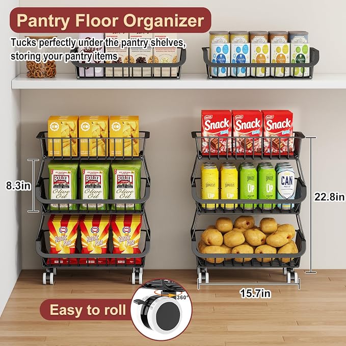 3-Tier Rolling Pantry Cart with Wheels, Stackable Wire Storage Floor Organizer for Kitchen Pantry Snack Shelves, Fruit Basket Stand, Vegetable Storage Rack for Food Snacks Onion Potato, Black, 2 Pack - Image 2