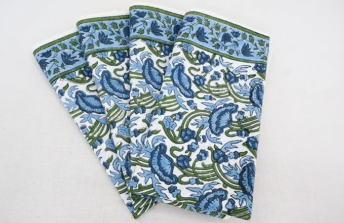 Handblock Print 100% Cotton Napkins Set of 4, Green Blue Washable and Durable Everyday Use Cloth Napkins for Picnic Party Dining Kitchen Home Decor Christmas Gifting 16 X 16 Inches - Image 8