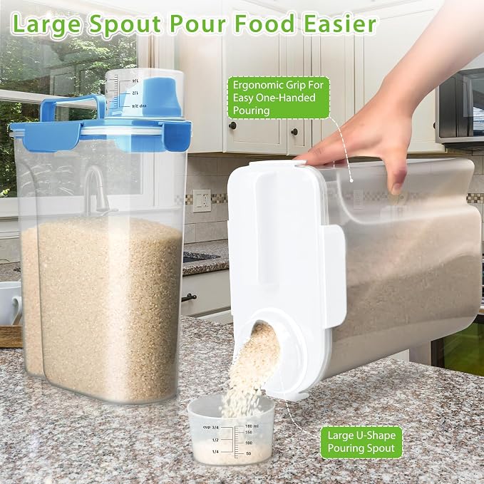 Viretec Rice Storage Container, 5 to 10lb Dry Food Airtight Dispenser, Pet Dog Cat Food Canister, BPA Free Clear Plastic Kitchen and Pantry Bin for Oatmeal, Cereal, Pasta, Flour Pack of 2 Blue - Image 3