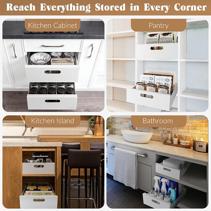 HBL' 1 Pack | 21" Deep Pull Out Cabinet Organizer Adhesive, 12-Inch Wide Sturdy Carbon Steel Roll-Out Drawers, Designed for Frameless Cabinets, Slide-Out Shelves for Pantry. - Image 7