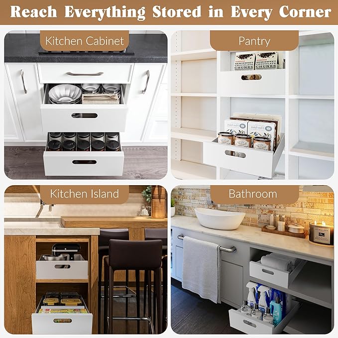 HBL' 1 Pack | 21" Deep Pull Out Cabinet Organizer Adhesive, 10-Inch Wide Sturdy Carbon Steel Roll-Out Drawers, Designed for Frameless Cabinets, Slide-Out Shelves for Pantry. - Image 7