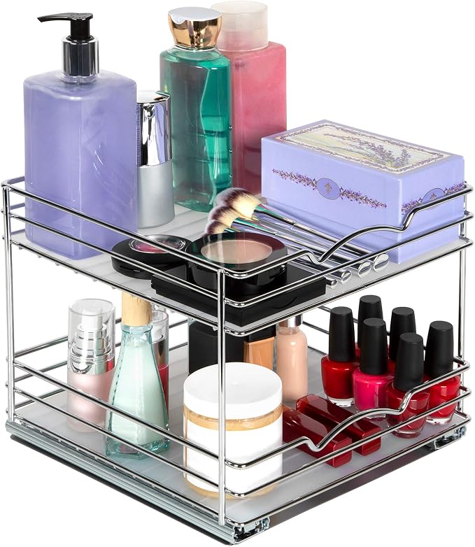 Pull-Out Cabinet Spice Rack Organizer 2-Tier, 10 ½"W x 10 ⅜"D x 8 ⅞"H | Slim Slide-Out Storage for Spices, Bottles & Jars, Premium Heavy-Duty Steel, Easy Install for Narrow Kitchen Cabinets, Chrome - Image 4