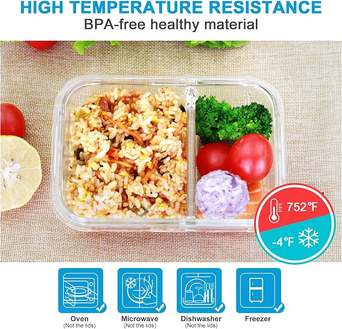 Meal Prep Containers - 2 Compartments with Glass Bowls with Lids, Food Storage Containers Dividers Airtight Lunch Containers, Bento Box for Oven Freezer, 10 Pack - Image 4