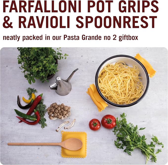 Monkey Business Pasta Shaped Silicone Kitchen Tools in a Gift Box / 2 of Our Big Pasta Shaped Kitchen Gadgets/Farfalloni Shaped Pot Grips, and Ravioli-Shaped Spoon Rest/Pasta Grande No. 2 - Image 2