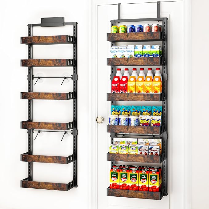 BUKFEN 6-Tier Over the Door Pantry Organizer, Adjustable Basket Spice Rack | 2-IN-1 Door & Wall Mounted, Heavy Duty Metal Storage Shelf,12 Hooks, Back of Door Organizer for Kitchen, Bathroom, Closet by bukfen