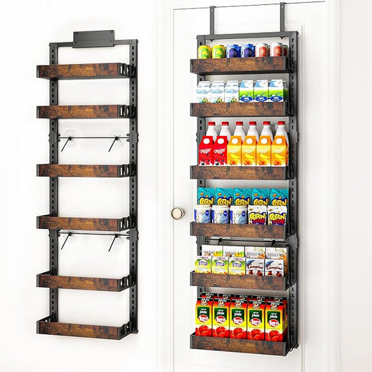 BUKFEN 6-Tier Over the Door Pantry Organizer, Adjustable Basket Spice Rack | 2-IN-1 Door & Wall Mounted, Heavy Duty Metal Storage Shelf,12 Hooks, Back of Door Organizer for Kitchen, Bathroom, Closet by bukfen