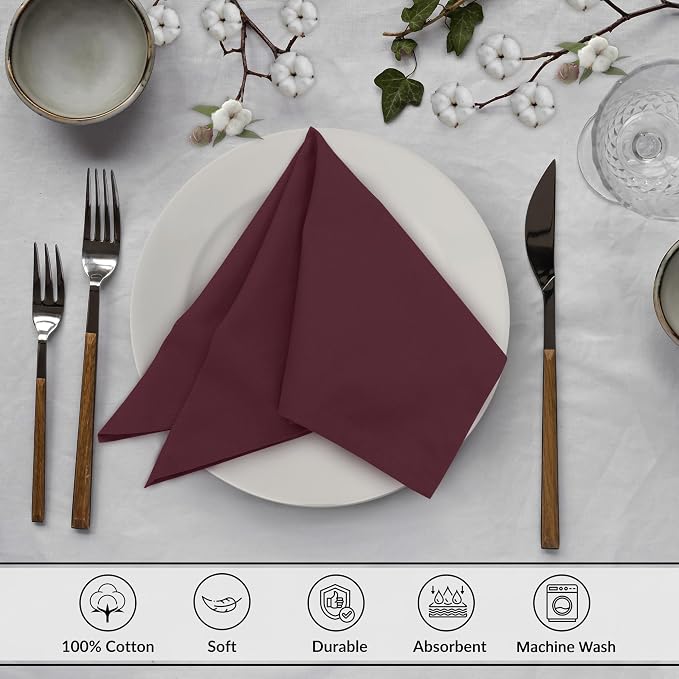 Ruvanti Cloth Napkins Set of 12, 18x18 Inches, 100% Cotton, Washable, Soft & Absorbent, Perfect for Wedding, Christmas, ‎Thanksgiving Dinners - Burgundy - Image 3