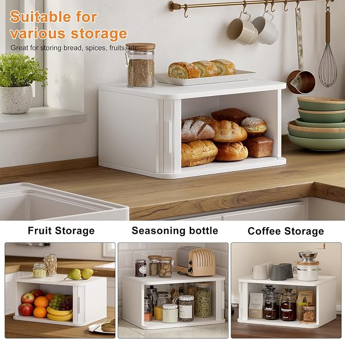 WOWLIVE Roll Top Bread Box for Kitchen Countertop, Bamboo Bread Storage | Airtight Bread Containers, Large Bread Bin with Sliding Door for Loaves, Bagels, Countertop Storage Cabinet, White, Medium - Image 5