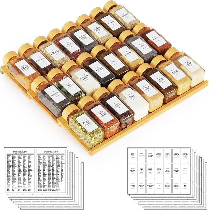 SpaceAid Bamboo Spice Drawer Organizer with 24 Spice Jars, 378 White Minimalist Spice Labels, 3 Tier Seasoning Rack Tray Insert for Kitchen Drawers, 15" Wide x 15" Deep x 2.6" Tall by SpaceAid