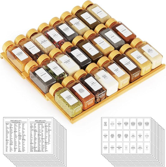 SpaceAid Bamboo Spice Drawer Organizer with 24 Spice Jars, 378 White Minimalist Spice Labels, 3 Tier Seasoning Rack Tray Insert for Kitchen Drawers, 15" Wide x 15" Deep x 2.6" Tall by SpaceAid