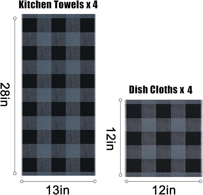 Homaxy Kitchen Towels and Dishcloths Set, Set of 8, Black & Grey | Bulk Cotton Waffle Weave Check Plaid Kitchen Towels, Super Soft and Absorbent Dish Cloths, 12 x 12 and 13 x 28 Inches - Image 4