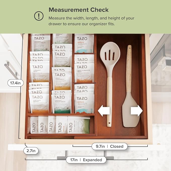 Tea Bag & Coffee Pod Organizer, 9.7-17 in, Acacia | 10 storage compartments, adjustable wall inserts, non-slip feet, food-safe - Image 4