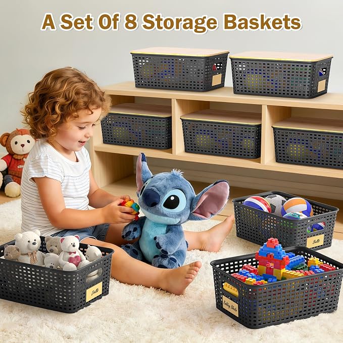 Stackable Storage Baskets: 8 Pack Plastic Baskets Bins, Black | Decorative Baskets for Organizing, Pantry Decorative Containers for Closets, Cabinets, Shelves - Image 7