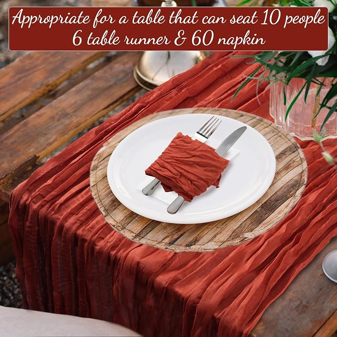 60PCS Terracotta Cheesecloth Napkins and 6PCS Table Runners Set, 19.69x19.69inch Rustic Wedding Napkins and 35x118inch Gauze Table Runner for Wedding Party Boho Table Decor - Image 7