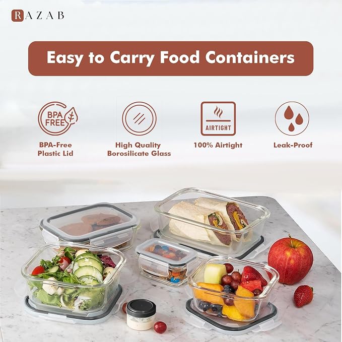 Razab 35 Pc Set Glass Food Storage Containers with Lids - Meal Prep Airtight Bento Boxes BPA-Free 100% Leak Proof (15 lids,15 glass & 5 Plastic Sauce/Dip Containers) - Image 7