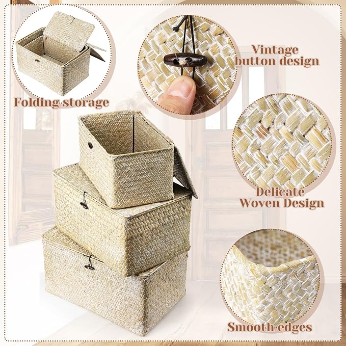 6 Pcs Seagrass Basket with Lid Wicker Storage Decorative Boxes with Lids Bin Woven Organizer for Shelf Closet Bedroom, 6 Sizes(Classic Style,White) - Image 3