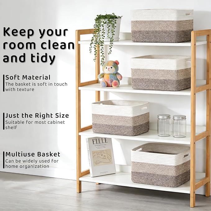 4 Pack Large Storage Baskets for Organizing, 16''Lx12''Wx8''H Woven Baskets for Storage Toys, Towels, Books, and Clothes, Cotton Rope Basket for Shelves with Handle - Image 5
