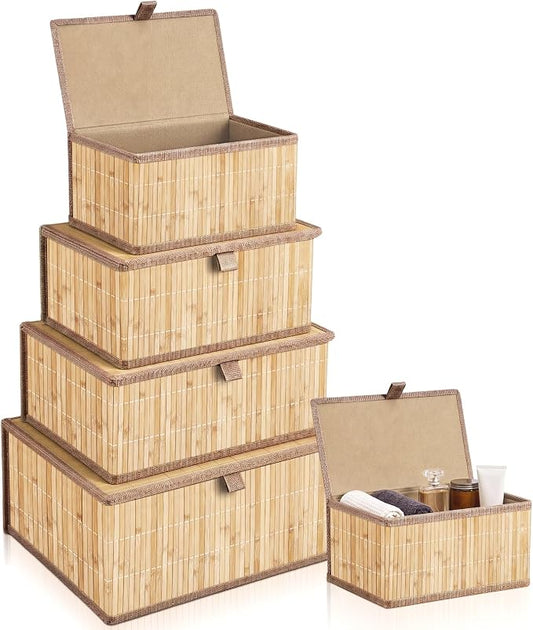 Set of 5 Bamboo Decorative Storage Boxes with Lids, Woven Stackable Storage Bins with Washable Liners, Wicker Nesting Basket Organizers for School, Dorm Room, Classroom, Home, Office by Newtay