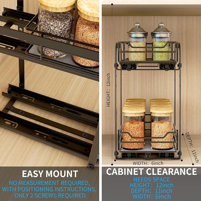 BOIVSHI Spice Rack Organizer for Cabinet, 2 Tier Pull Out Spice Organizer for Cabinet Height Adjustable Heavy Duty Metal Basket for Inside Cabinets & Pantry Closet (5.5''Wx10.5''Dx9.5''H) - Image 4