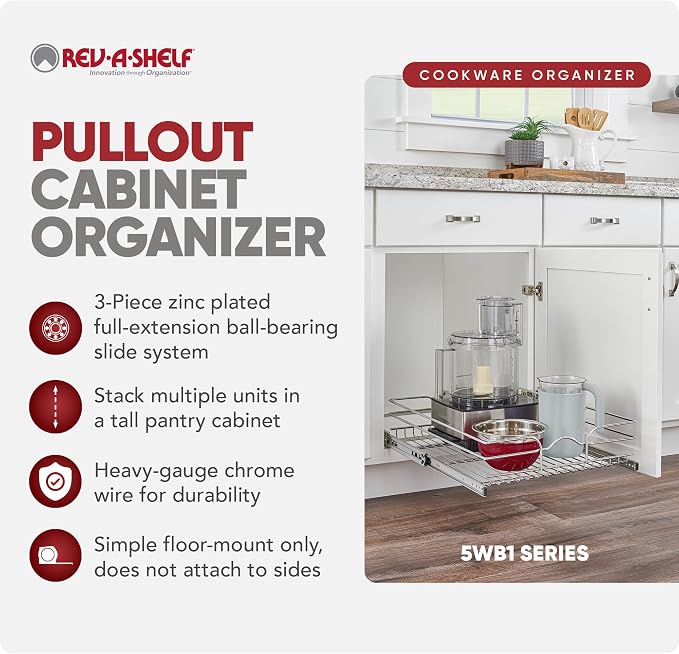 Rev-A-Shelf Steel Wire Pullout Drawer Organizer Shelf for Kitchen Cabinets, Slide Out Storage Basket, Min Opening Width of 20.5", 21" x 22", 5WB1-2122CR-1 - Image 6