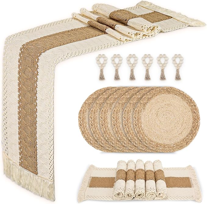 Placemats Set of 6 w/Charger Plates Table Mats Table Runner & Napkin Rings | All in One Placemats,Boho Farmhouse Style Heat-Resistant Non-Slip Protective Round Woven Placemats for Dining Table Décor by Zology