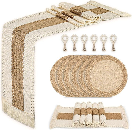 Placemats Set of 6 w/Charger Plates Table Mats Table Runner & Napkin Rings | All in One Placemats,Boho Farmhouse Style Heat-Resistant Non-Slip Protective Round Woven Placemats for Dining Table Décor by Zology