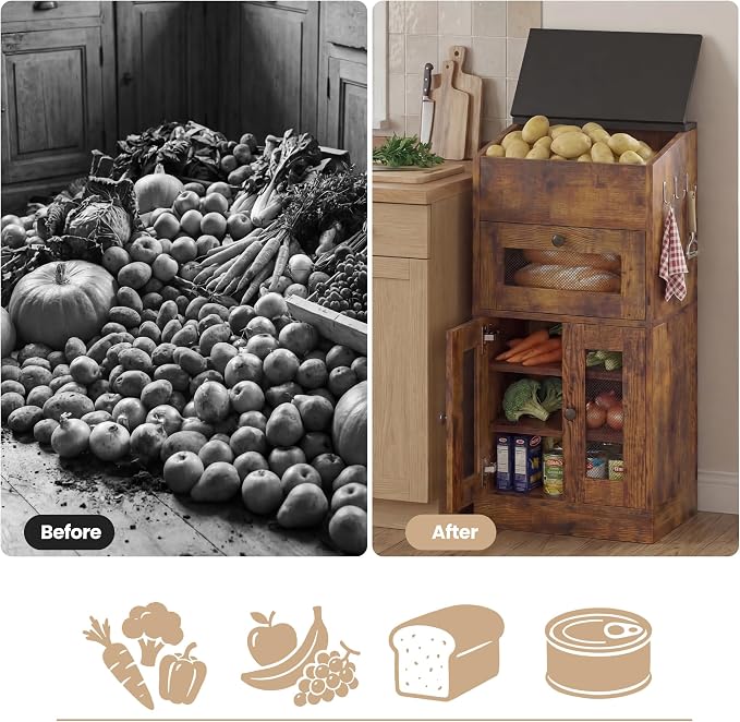 Potato and Onion Storage Bin with Lid, Large Potato Bin with Drawer, Multi-Compartment Wooden Fruit & Vegetable Cabinet with Mesh Doors, Rustic Kitchen Organizer for Pantry (16.9") - Image 8
