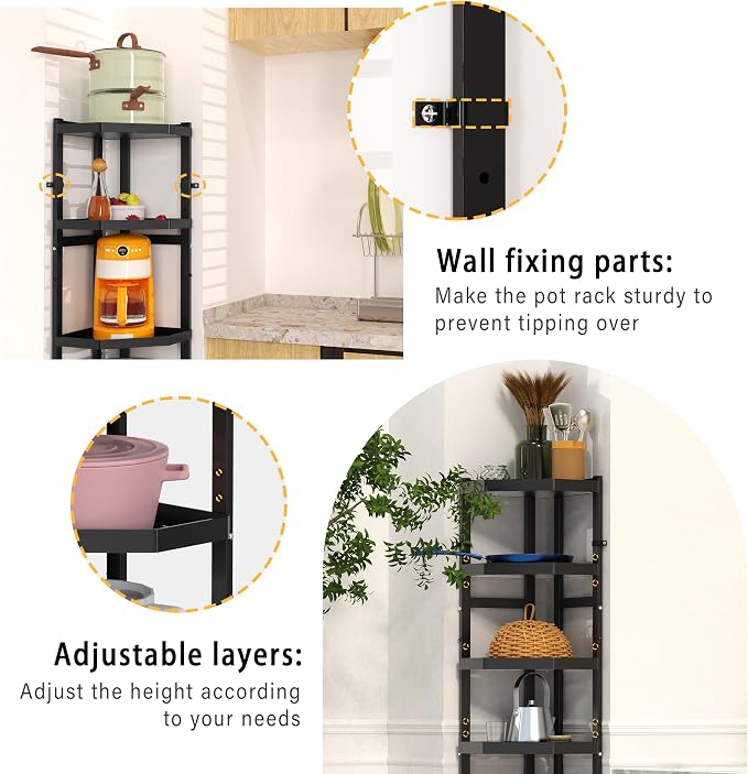 5-Tier Multifunctional Adjustable Pan & Pot Rack for Kitchen, Pan Organizer, Pot Organizer Organization & Storage, Pot Lid Organizer (Corner 5-tier wall mount) - Image 4