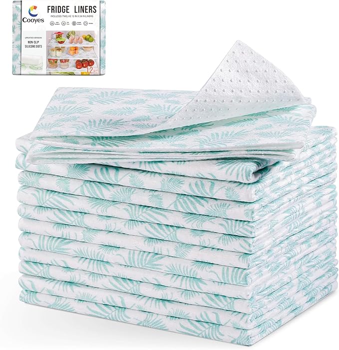 Cooyes Absorbent Refrigerator Liners, Non Slip Fridge Bin Liners and Mats Washable, Refrigerator Shelf Liner for Glass Shelves and Kitchen Cabinet Drawer, 12 Pack, 12" × 24" by Cooyes