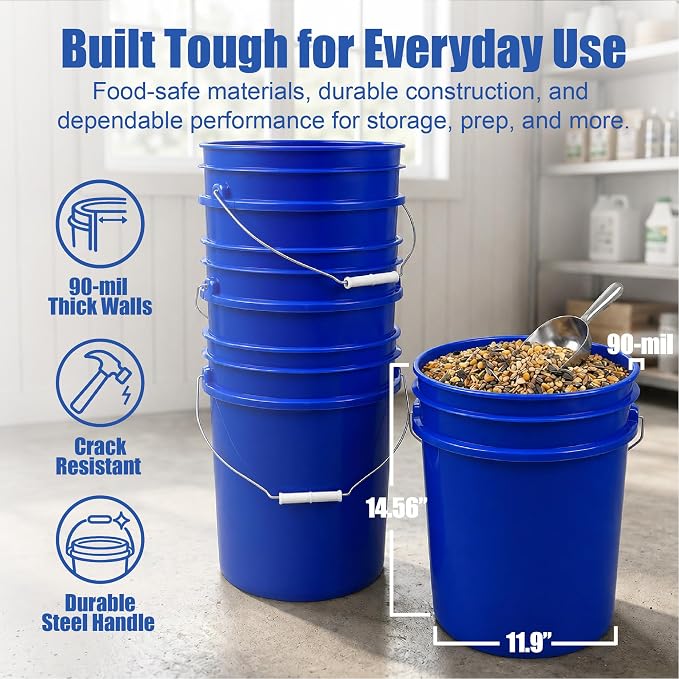 5 Gallon Bucket - Food Grade w/Lid BPA-Free, Blue/White, 3 | Airtight Gamma Seal Screw-On Lid, Heavy-Duty 90 Mil HDPE Plastic, Food Safe and Durable Container, Bulk Storage, Made in USA - Image 4