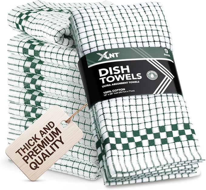 XLNT Highly Absorbent Kitchen Dish Towels 100% Cotton 18x28 inch – Ultra-Thick Dishcloths – Premium Weave for Drying & Cleaning – Soft, Durable & Lint-Free – Pack of 9 Green by XLNT