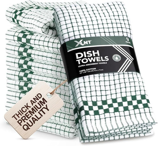 XLNT Highly Absorbent Kitchen Dish Towels 100% Cotton 18x28 inch – Ultra-Thick Dishcloths – Premium Weave for Drying & Cleaning – Soft, Durable & Lint-Free – Pack of 9 Green by XLNT