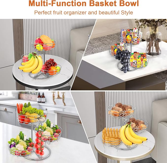 Livabber Fruit Basket Bowl with Banana Hanger, Fruit Vegetable Storage Basket with Banana Tree Holder for Kitchen Counter, Detachable Organizer for Bread Snack Produce (Chrome, 3-Tier Metal Base) - Image 3