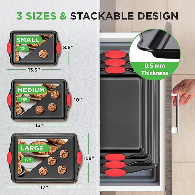 NutriChef 3‑Piece Nonstick Cookie Sheets – Carbon Steel Baking Sheet Set with Non Stick Coating & Red Silicone Handles – Oven Pans for Family Baking - Image 2