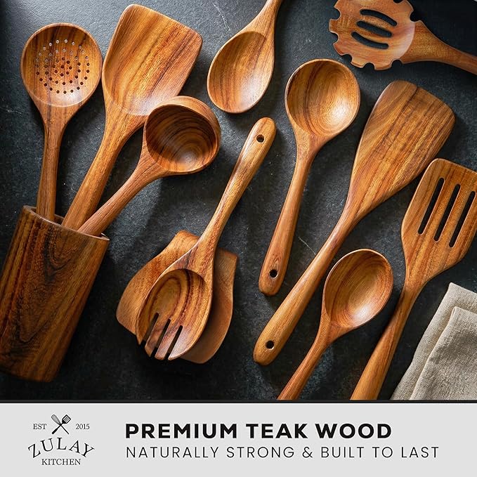 Zulay Kitchen 12-Piece Teak Wooden Utensils for Cooking - Natural Teak Utensil Set with Premium Gift Box - Non-Stick Wooden Spoons for Cooking - Kitchen Gift Set - Comfortable Grip Wooden Utensil Set - Image 2