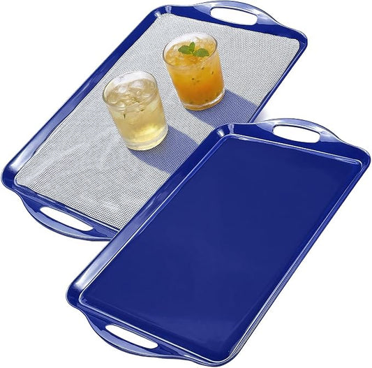 Extra Large Melamine Platters, 19''x11.6'' Serving Tray with Handles for Cookie, Cupcakes, Desserts, Dishwasher Safe, Ottoman Tray Decor, Set of 2, 2 pcs Mats Included (Blue) by BEESEBN