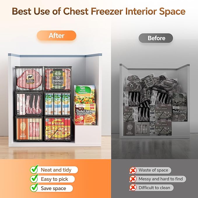 Freezer Organizer Bins, 6 Pack Enlarged Baskets for 5-9 Cu.FT Deep Freezer | Stackable Chest Freezer Organizer Bins, Foldable with Handles, Black Storage Container Baskets for Sort Frozen Meats - Image 5