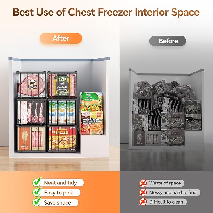 Freezer Organizer Bins, 3 Pack Enlarged Baskets for 5-9 Cu.FT Deep Freezer | Stackable Chest Freezer Organizer Bins, Foldable with Handles, Black Storage Container Baskets for Sort Frozen Meats - Image 5