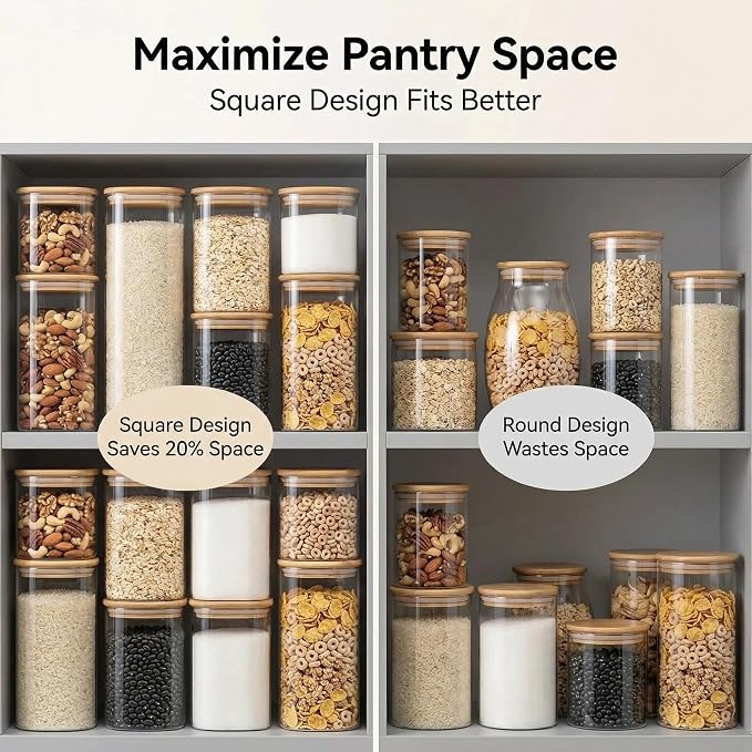Airtight Glass Storage Containers with Lids 8 Pack, 25/37 /50oz Square Glass Jars with Bamboo Lids, Kitchen Canister Set for Pantry Organization Food Storage for Flour Sugar Rice Pasta Cereal - Image 5