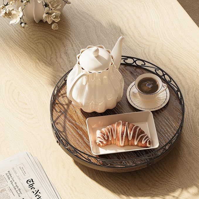 12" Lazy Susan Turntable Organizer for Table Top, Wood Lazy Susan Cabinet | Farmhouse Rotating Decor Tray for Dining Table, Pantry, Kitchen Countertop, Spice, Bathroom Vanity, Round Patterned Rim,Brown - Image 7