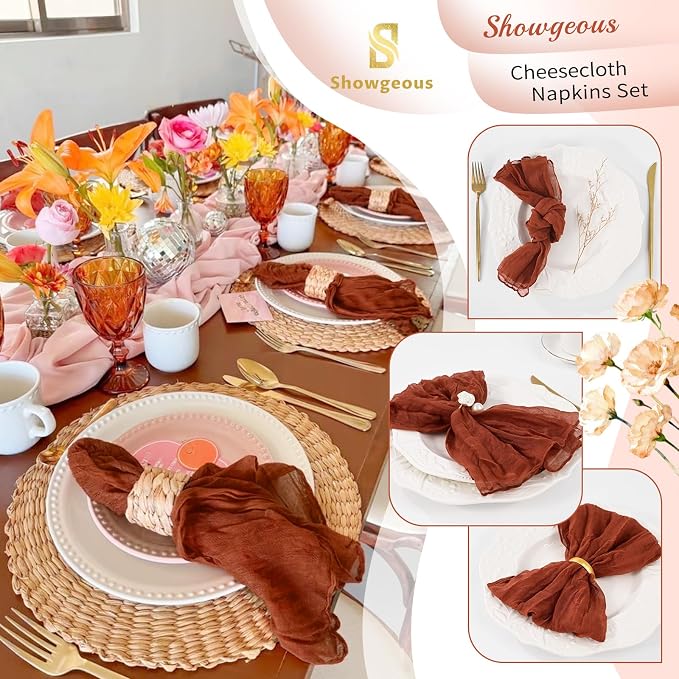 50 Pack Terracotta Cheesecloth Napkins 20"x20" Boho Washable Cloth Napkins Set of 50 Wrinkled Cheese Cloth Napkins Gauze Dinner Table Napkin for Wedding Party Baby Shower Birthday Decor - Image 4