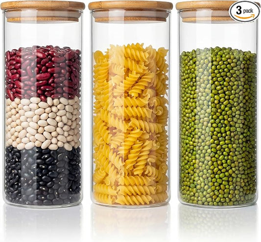45oz - 3 Pack Glass Jars with Bamboo Lids, Glass Pantry Storage Containers with Airtight Lids, Round Air Tigh Food Storage Canisters for Cereal, Pasta, Flour, Sugar, Rice, Best for Kitchen Organizer by HomArtist