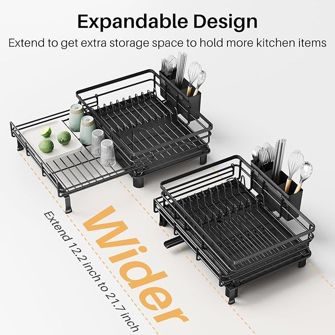 Expandable Dish Drying Rack for Kitchen Counter, Stainless Steel, Black | Foldable Over Sink, Large Capacity, Adjust to Fit Most Sinks, Angled Drainboard, Removable Utensil Holder, Slip Resistant - Image 4