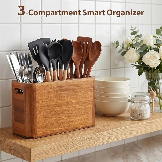 Kitchen Utensil Holder for Counter and Countertop, Acacia Utensil Organizer for Wooden Spoon Set, Large Drying Holder for Kitchen, 3-Compartment Storage for Cooking Utensils, Kitchen Decor - Image 5