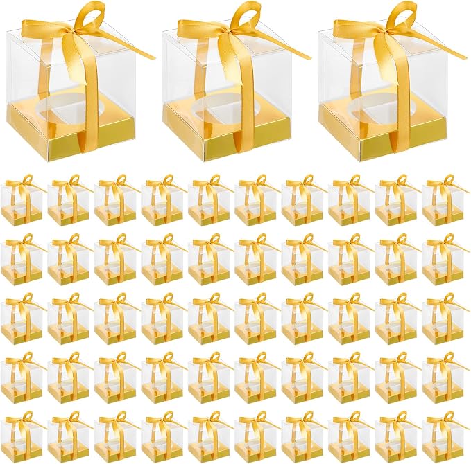 96 Pieces Individual Cupcake Boxes Single Cupcake Container Clear Cupcake Carrier Plastic Cupcake Storage Cupcake Holder with Ribbon and Insert for Wedding Birthday Party Favor, 3.5 x 3.5 x 3.5(Gold) by Tuanse
