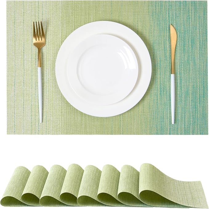 Leetaltree Gradient Green Woven Placemats Set of 8 - Heat Resistant Non-Slip Place mats for Dining Table, Washable Durable PVC Vinyl Woven Table Mats(Gradient Green, 8) by Leetaltree-ArtatEveryTable