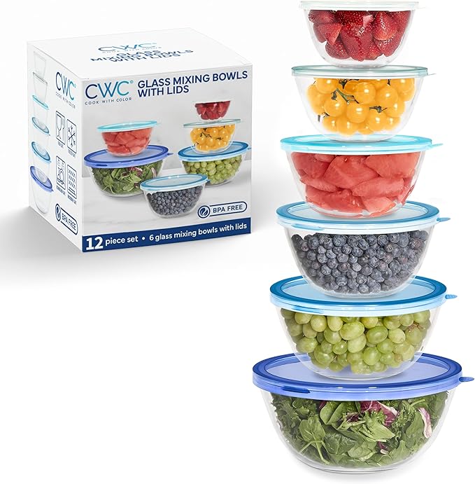 COOK WITH COLOR 12 Pc Glass Mixing Bowl Set with Lids – Borosilicate Glass Nesting Bowls for Cooking, Baking and Meal Prep, Blue by CookwithColor