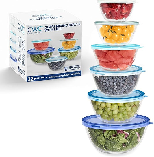 COOK WITH COLOR 12 Pc Glass Mixing Bowl Set with Lids – Borosilicate Glass Nesting Bowls for Cooking, Baking and Meal Prep, Blue by CookwithColor
