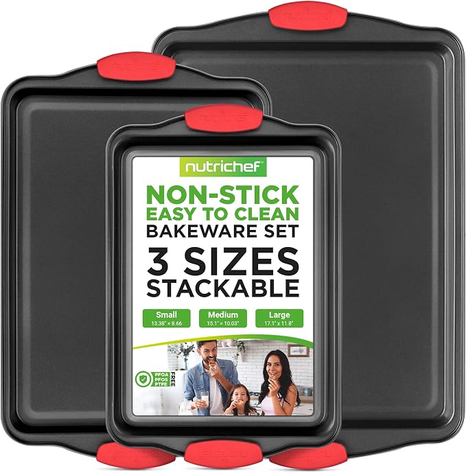 NutriChef 3‑Piece Nonstick Cookie Sheets – Carbon Steel Baking Sheet Set with Non Stick Coating & Red Silicone Handles – Oven Pans for Family Baking by NutriChef%E2%84%A2Kitchen