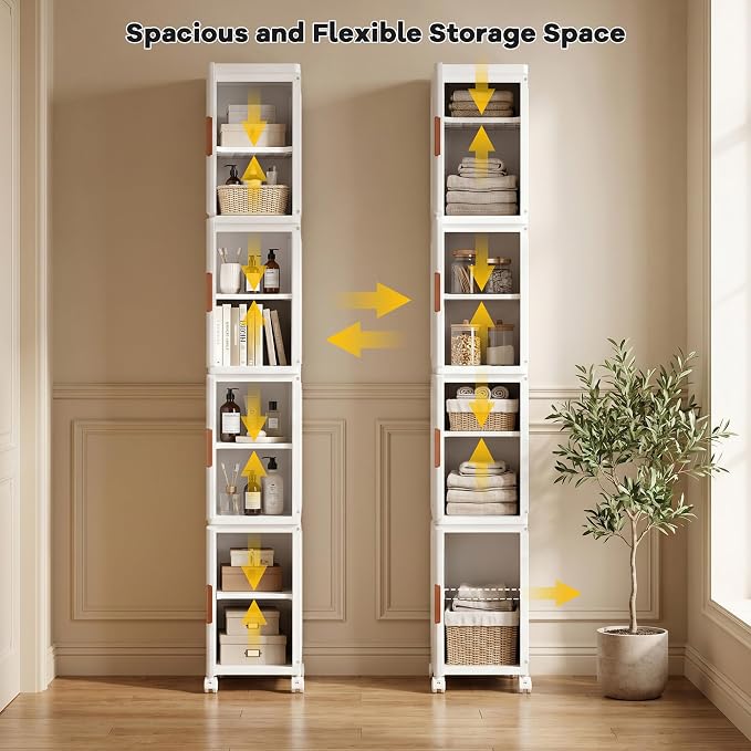 4-Tier Tall Narrow Plastic Storage Cabinet of 2, Foldable | Rolling Organizer with Lid,Doors,Stackable, Adjustable Shelves, Durable PP,Freestanding Bathroom Cabinet for Small Slim Space - Image 5